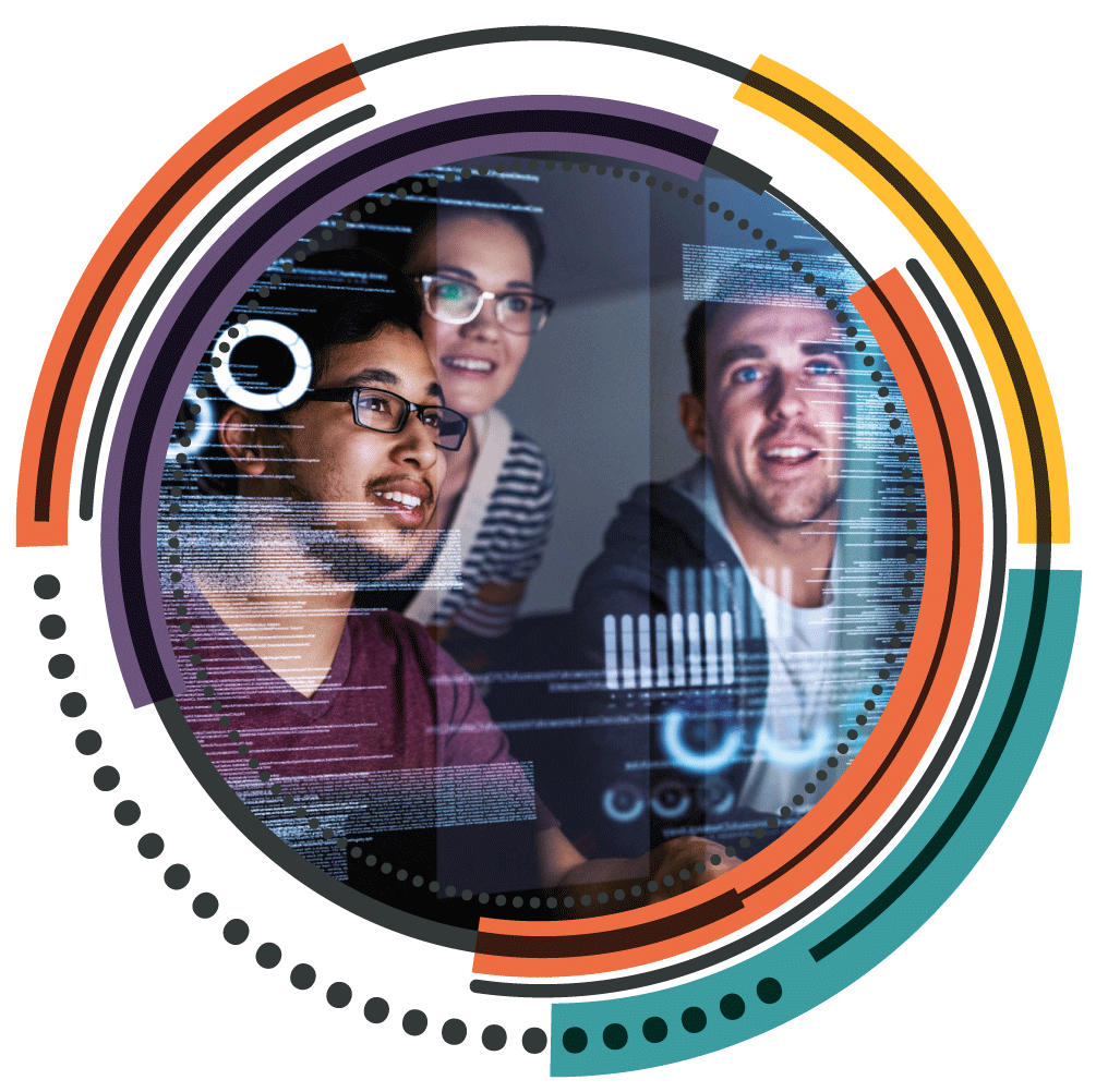 3 people looking at a screen