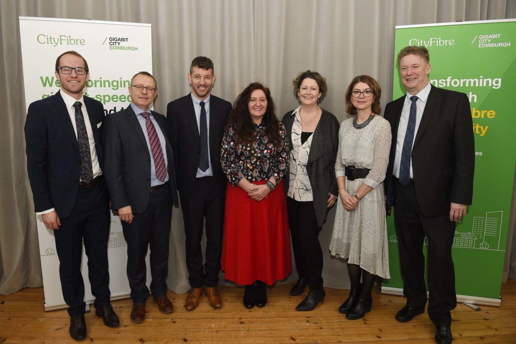 Image of Phil Cragg, Deloitte Smart City Specialist; Andy Starnes, Head of City Development at CityFibre; Frank Airth, City Manager at Vodafone; Elaine Doherty, CityFibre’s City Manager for Edinburgh; Jenni Doonan, Business Developer at the University of Edinburgh’s Institute for Education, Community and Society; Liz McAreavey, Chief Executive, Edinburgh Chamber of Commerce; Andrew Kerr, Chief Executive, The City of Edinburgh Council