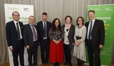 Image of Phil Cragg, Deloitte Smart City Specialist; Andy Starnes, Head of City Development at CityFibre; Frank Airth, City Manager at Vodafone; Elaine Doherty, CityFibre’s City Manager for Edinburgh; Jenni Doonan, Business Developer at the University of Edinburgh’s Institute for Education, Community and Society; Liz McAreavey, Chief Executive, Edinburgh Chamber of Commerce; Andrew Kerr, Chief Executive, The City of Edinburgh Council