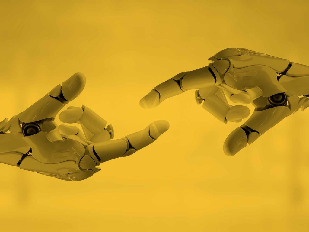 Two robot hands point at each other