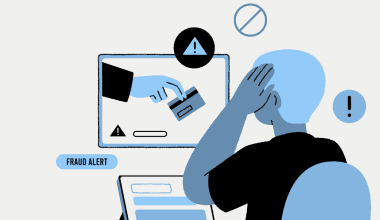 Cartoon image of a man in front of a computer with scamming alerts popping up on the screen