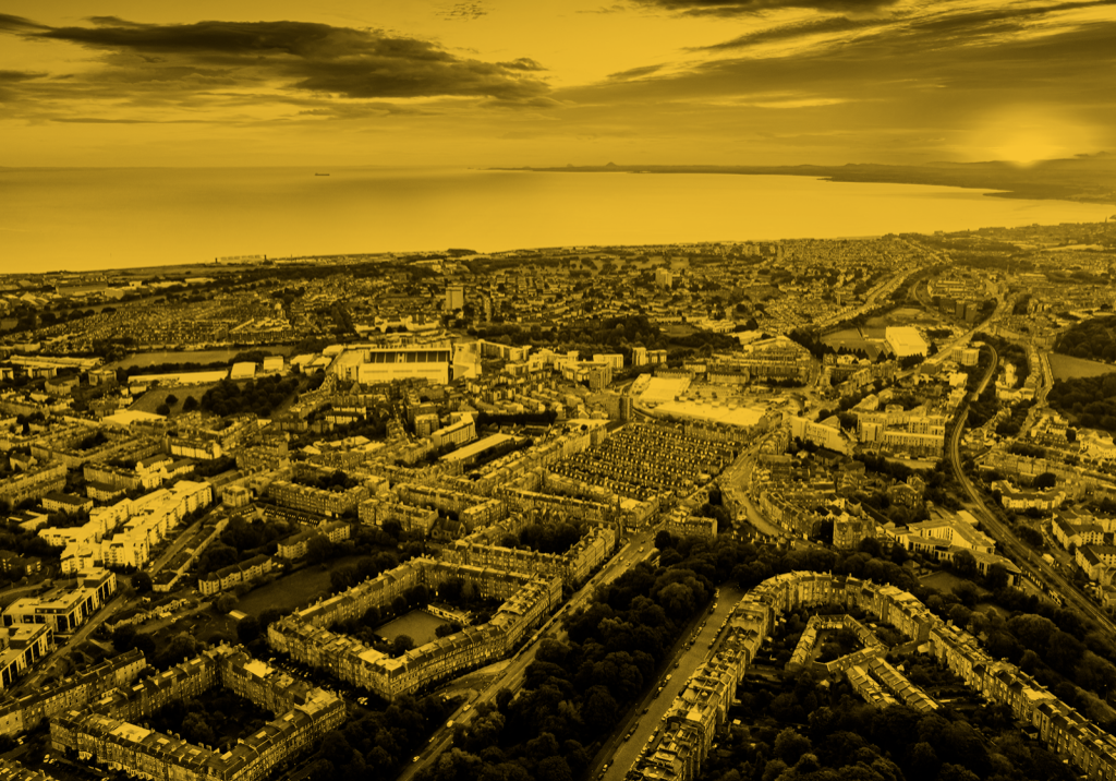 A sunset view over Edinburgh looking to the Firth of Forth