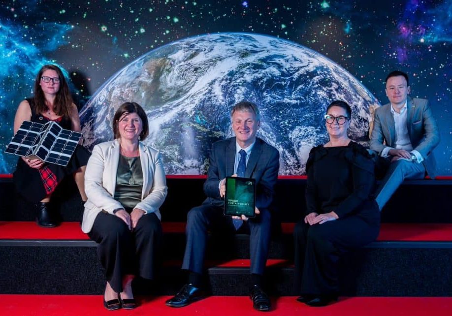 Pictured left to right, Kristina Tamane, Space Sector Business Development Lead at University of Edinburgh, Jane Martin (Managing Director of Innovation and Investment at Scottish Enterprise), Minister Ivan McKee, Ashley Stwart from Location Data Scotland/Optimat and Daniel Smith from AstroAgency